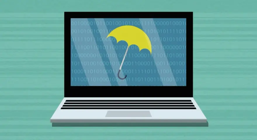 Laptop screen displays binary code with a yellow umbrella, symbolizing network management and security.