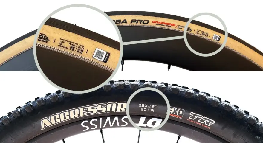 Two bike tires shown. The top is a road tire with a tan sidewall, the bottom is a knobby mountain bike tire. The mountain bike tire shows "60 PSI" as a recommended pressure, answering what psi should mountain bike tires be.