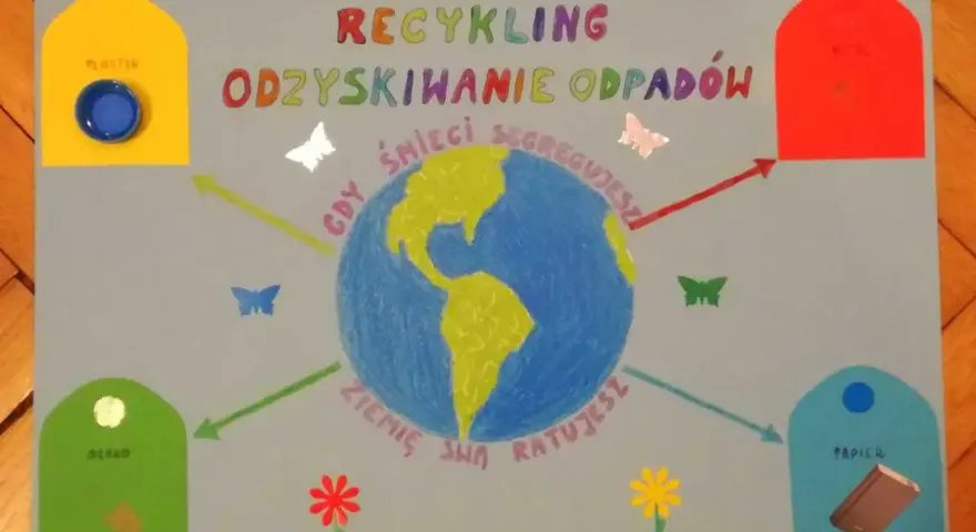 Plakat "Jak zrobić plakat" o recyklingu. Ziemia otoczona motylami i strzałkami wskazującymi na pojemniki na plastik, szkło, papier i metal.