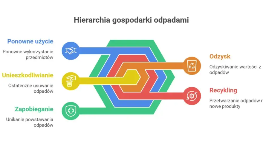 Hierarchia gospodarki odpadami: zapobieganie, ponowne użycie, unieszkodliwianie, odzysk i recykling. Unikaj żużlu odpad.