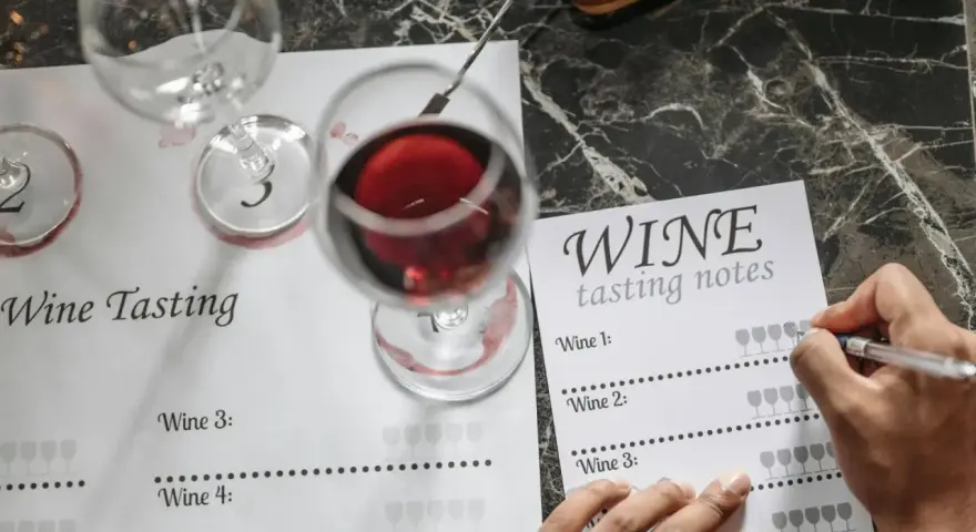 Ręka zapisuje notatki z degustacji wina. Kieliszki z czerwonym winem i arkusz "Wine Tasting" sugerują, jak degustować wino.