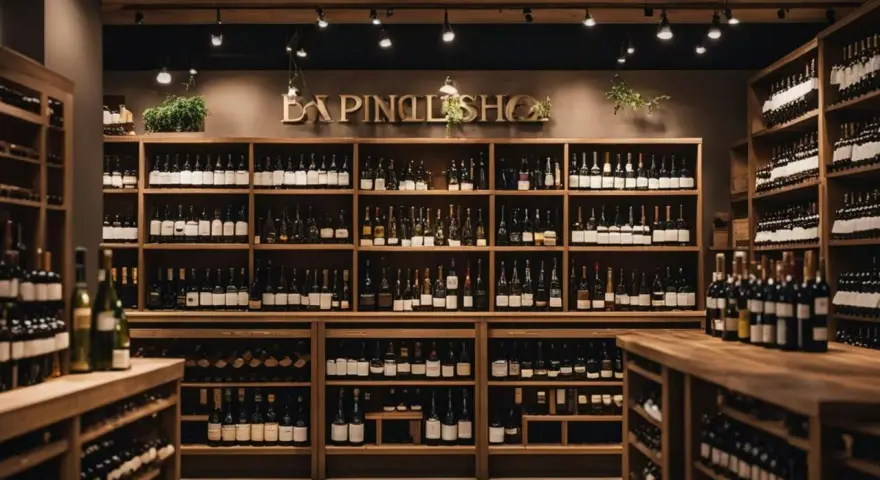 Estanterías repletas de botellas en un elegante restaurante de vinos.