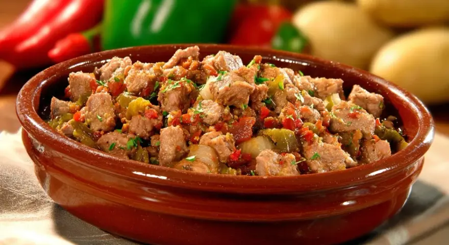 Un plat d'axoa de veau mijoté avec des poivrons et des oignons, garni de persil frais.