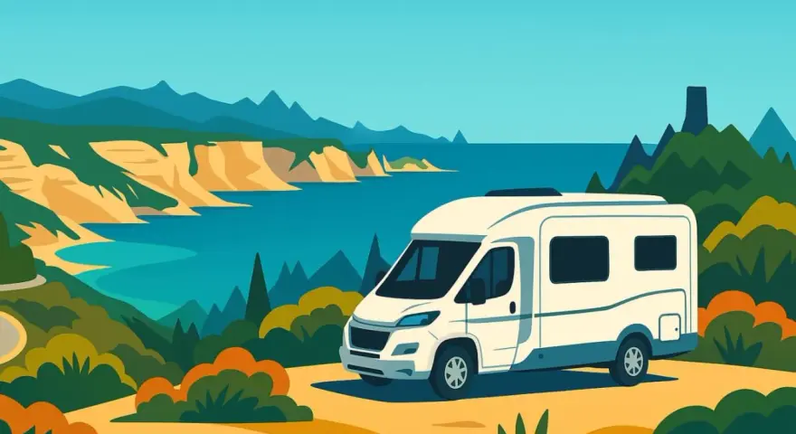 Un camper bianco si gode una vista mozzafiato sulla costa della Corsica, con scogliere dorate e mare turchese.