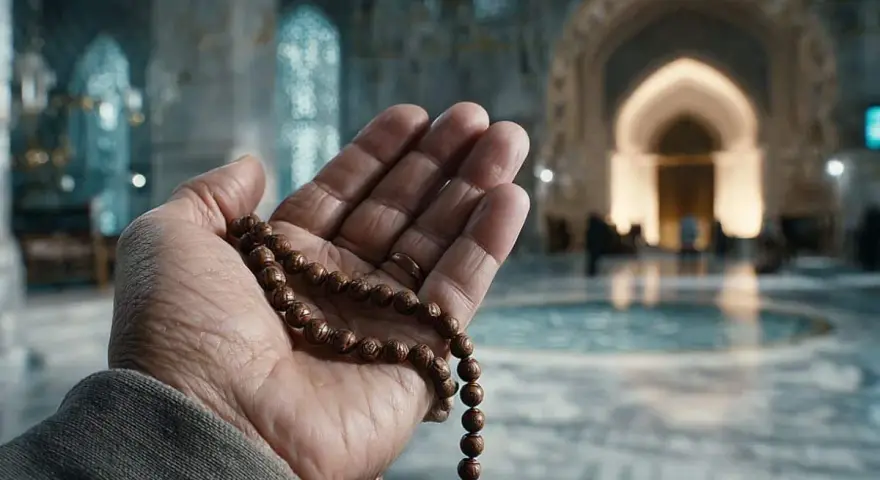 Eine Hand hält eine Gebetskette, ein Symbol des christlichen Glaubensbekenntnisses, vor einer Moschee.