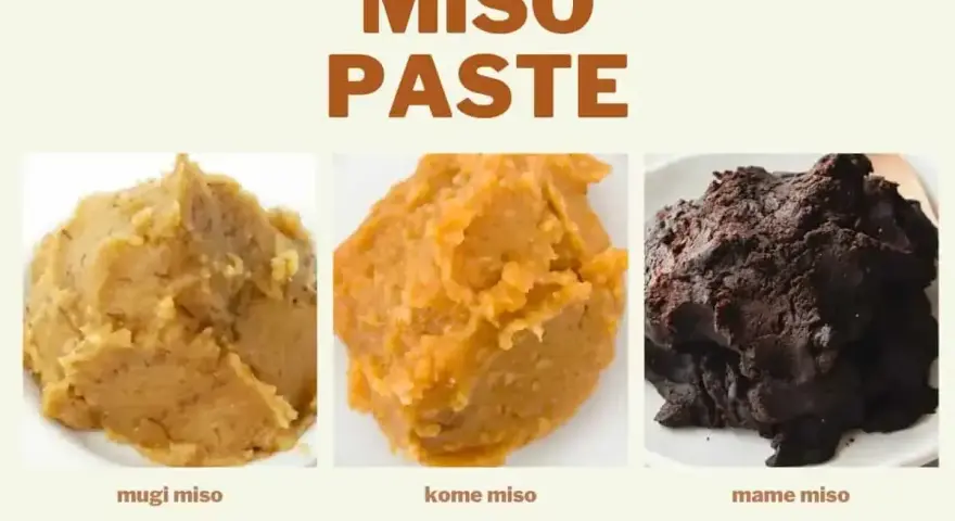 Trzy rodzaje japońskiej pasty z soi: mugi, kome i mame miso, różniące się kolorem i teksturą.