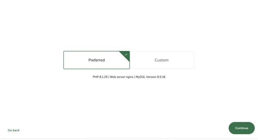 Étape 2 : Choix de l'environnement pour l'installation WordPress. Option "Preferred" sélectionnée.