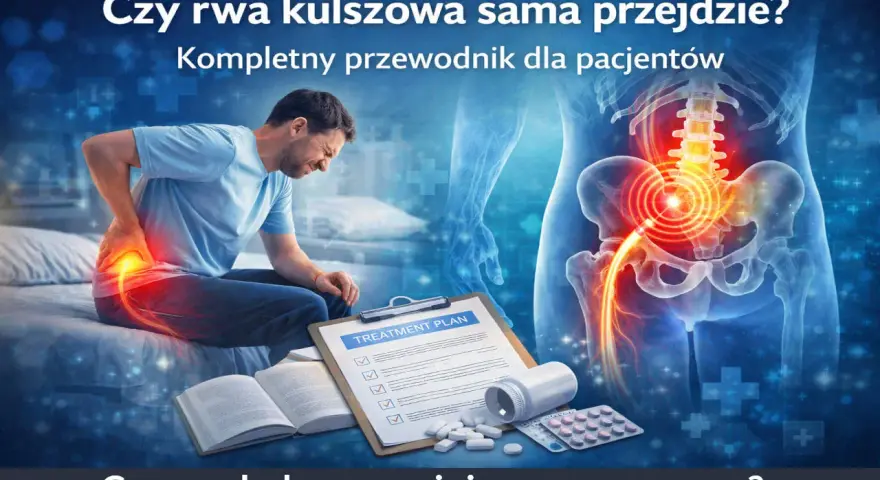 Mężczyzna z bólem w dolnej części pleców, plan leczenia, leki i schemat miednicy. Czy rwa kulszowa leczenie jest skuteczne?