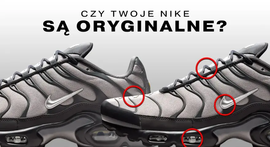Szare buty sportowe Nike z czerwonymi kółkami wskazującymi detale.