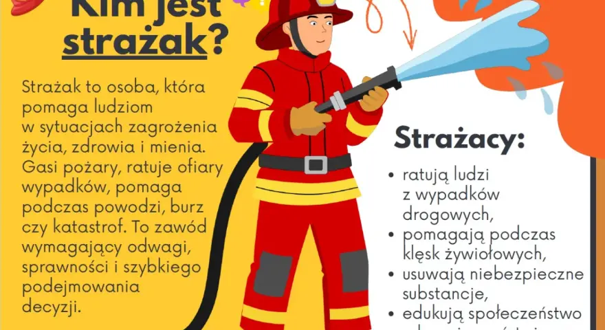 Odważny strażak w czerwonym stroju gasi pożar wodą z węża. Pomaga ludziom w potrzebie.