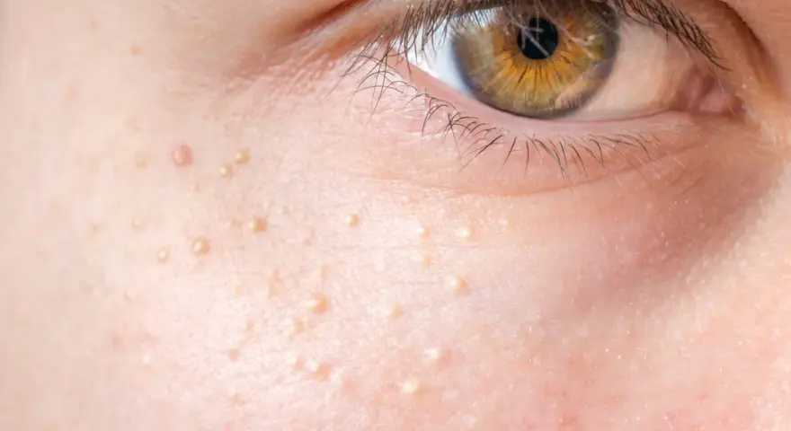 Nahaufnahme der Haut mit kleinen, hellen Erhebungen, die nicht komedogen sind. Das Auge ist im Hintergrund zu sehen.