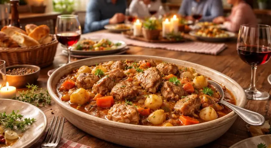 Un plat de ragout de porc mijoté avec des pommes de terre et des carottes, servi dans un plat ovale sur une table en bois, avec des convives en arrière-plan.
