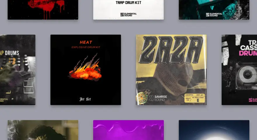 Płonący płomień na czarnym tle, obok napis "HEAT EXPLOSIVE DRUM KIT". To idealny trap drum kit dla każdego producenta.