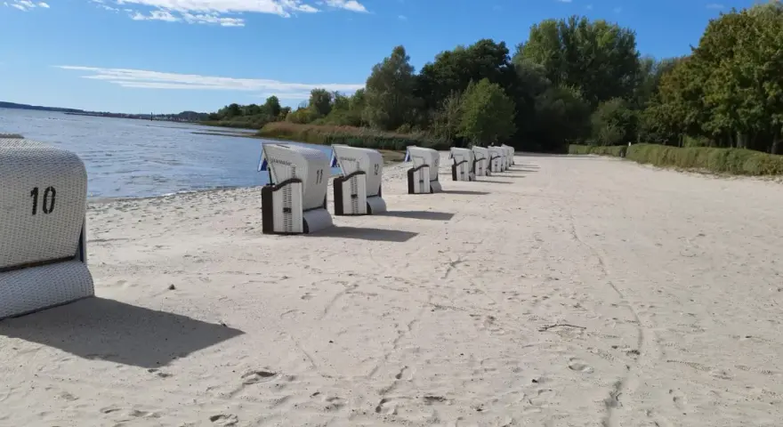 Reihe von Strandkörben am klink strand. Das Wasser glitzert im Hintergrund, Bäume säumen den Horizont.