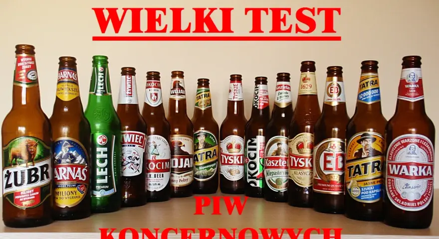 Rząd butelek piwa różnych marek, w tym Żubr, Lech, Tyskie, Tatra, Warka.