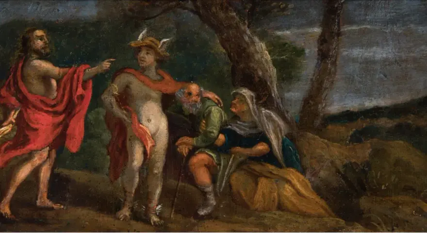 Un hombre con túnica roja señala a Mercurio, quien se dirige a una pareja de ancianos. Curiosidades del Renacimiento.