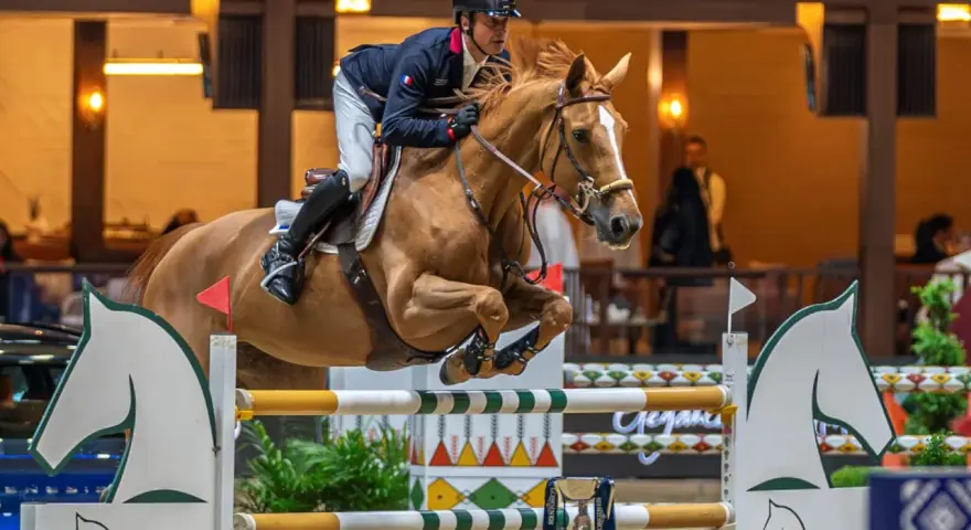 Cavalier et cheval en plein saut d'obstacles, une scène digne de dubai du cedre.