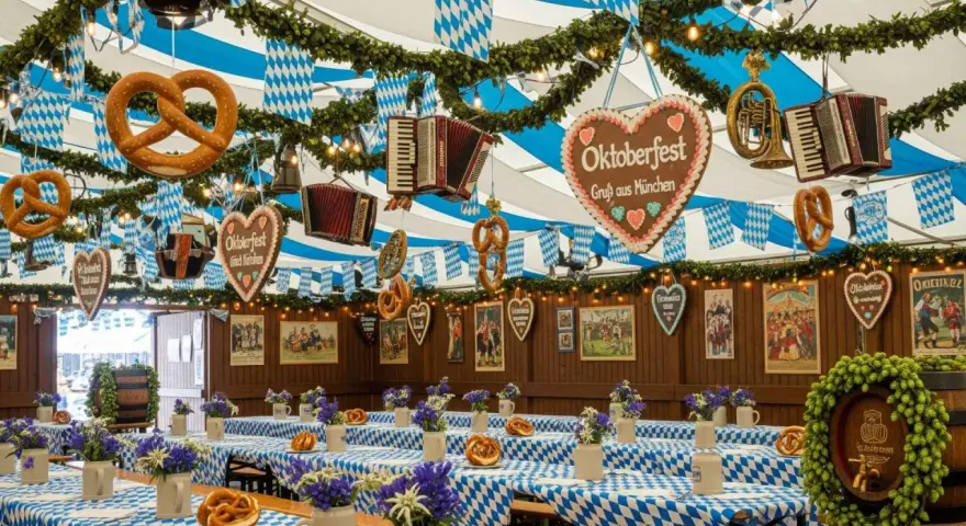 Wnętrze namiotu na Oktoberfest w Monachium. Wiszące precle, serca z piernika i akordeony. Stoły przykryte niebiesko-białymi obrusami, ozdobione kwiatami i kolejnymi preclami.