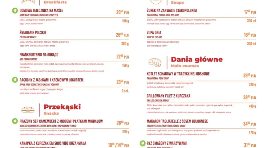 Menu z daniami głównymi, zupami i śniadaniami. Wśród pozycji: kotlet schabowy, makaron tagliatelle z sosem bolognese, żurek, jajecznica. Wagon restauracyjny oferuje różnorodne posiłki.