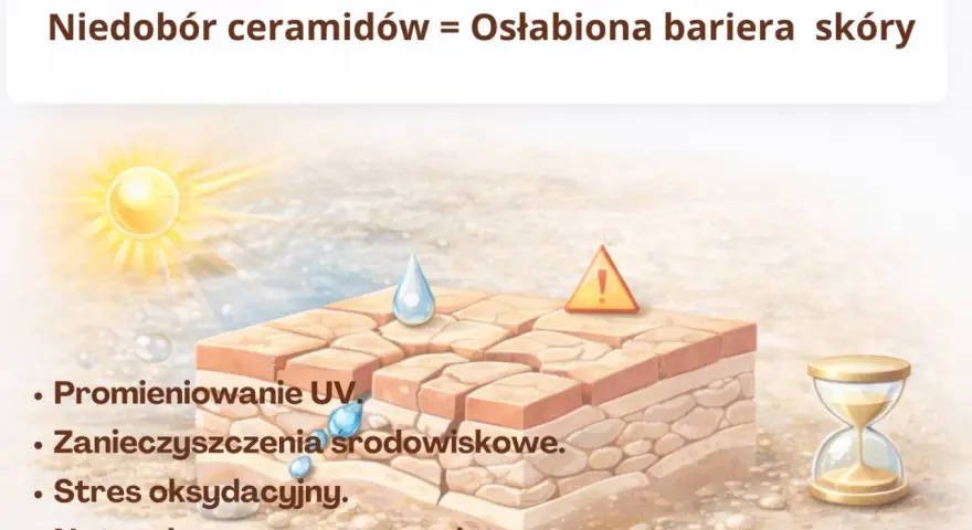 Pelle secca e screpolata, con raggi UV e invecchiamento. La carenza di ceramide NP indebolisce la barriera cutanea.