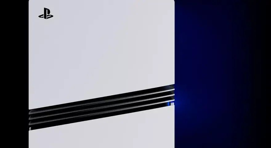 Biała konsola PlayStation z logo, z czarnymi wstawkami i niebieskim podświetleniem. To przyszłość gier, czyli PS5 Pro.