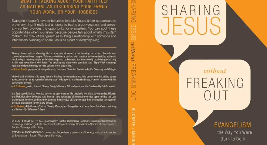 Book cover: "Sharing Jesus without Freaking Out" by Hildreth & McKInion. Explains evangelism as natural conversations.