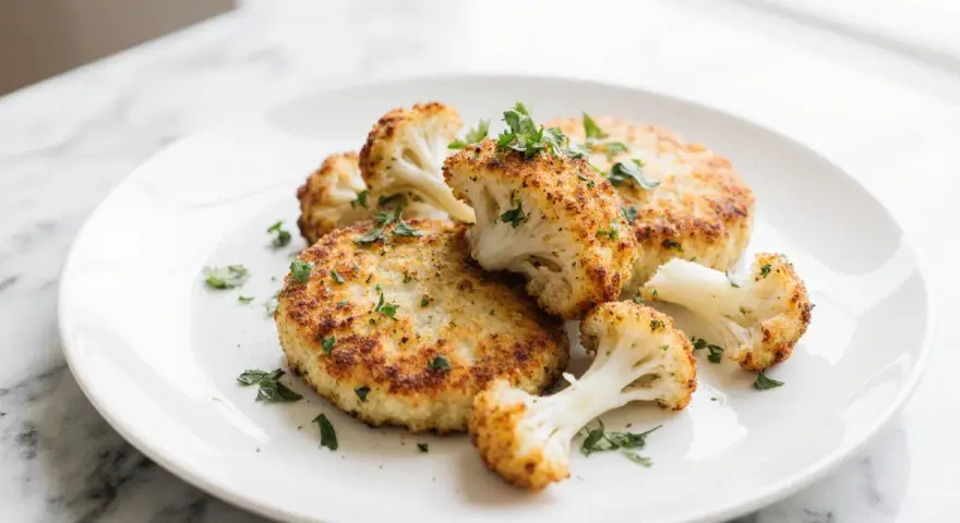 Knusprige Blumenkohl Schnitzel auf einem Teller, garniert mit frischer Petersilie. Ein leckeres vegetarisches Gericht.