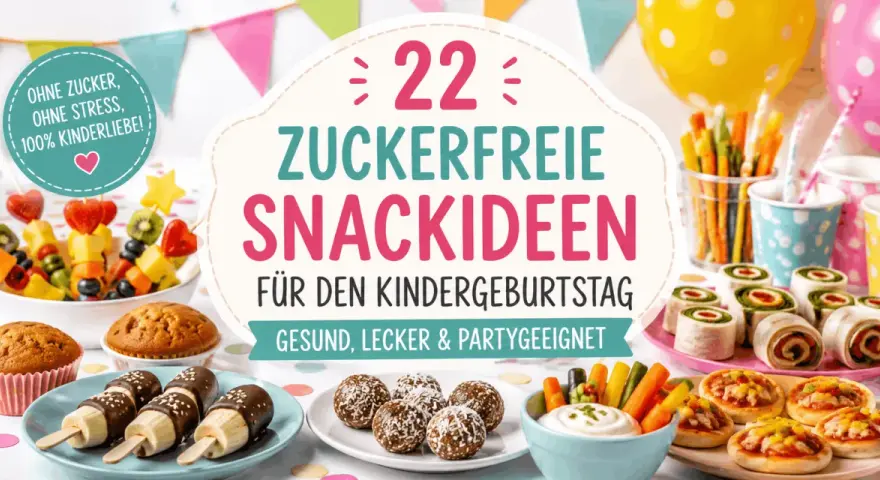Bunte Deko, Luftballons und leckere, zuckerfreie Snackideen für den Kindergeburtstag: Obstspieße, Muffins, Bananen-Pops und Gemüsesticks mit Dip.