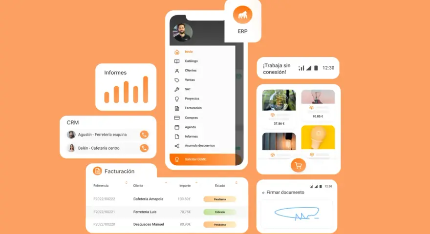 Interfaz de un programa para hacer presupuestos y facturas gratis, con módulos de informes, CRM y facturación.