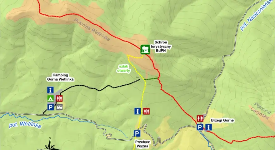 Mapa turystyczna z zaznaczonymi szlakami, schroniskiem, campingiem i Przełęczą Wyżniańską.