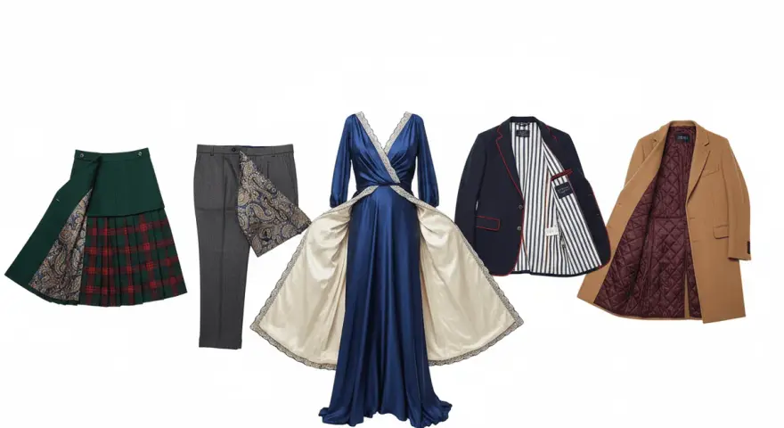 Jupe écossaise, pantalon, robe bleue satinée, blazer et manteau camel. Les doublures révèlent des motifs paisley et rayés, un choix de quel tissu pour doublure qui fait toute la différence.