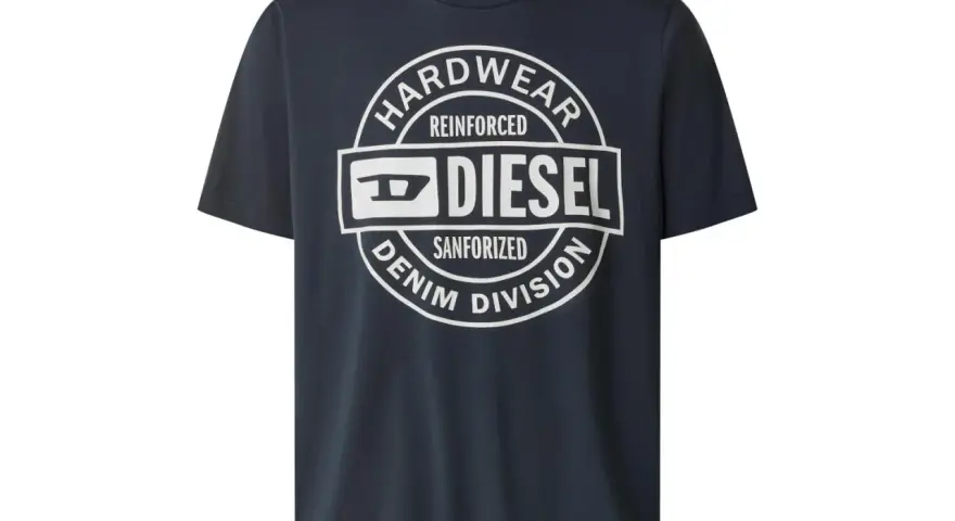 Granatowy T-shirt męski Diesel z białym okrągłym nadrukiem "HARDWEAR REINFORCED DIESEL SANFORIZED DENIM DIVISION".