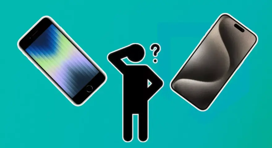 En person funderar vilken iOS jag har, med två iPhones som visar olika skärmar.