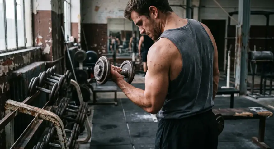 Homme concentré faisant un exercice biceps haltère dans une salle de sport rustique.