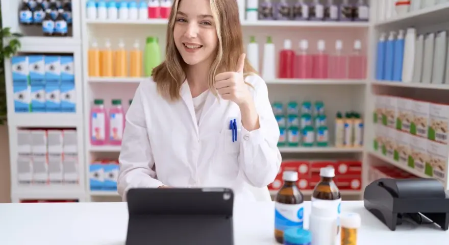Farmaceutka z uśmiechem pokazuje kciuk w górę, potwierdzając, czy apteka może wydać lek bez recepty.