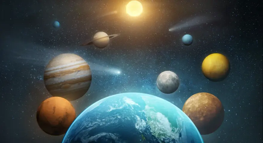 Jowisz w raku, otoczony innymi planetami i kometami, na tle gwieździstego nieba.