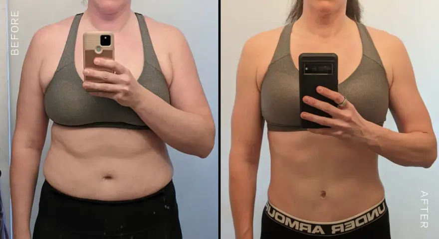Before and after transformation: a person's body before and after using a stationary bike for fitness.