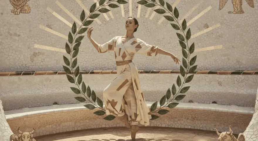 Danza de templanza y juicio, como en el tarot. Una bailarina en un círculo de laurel, rodeada de símbolos celestiales y animales.