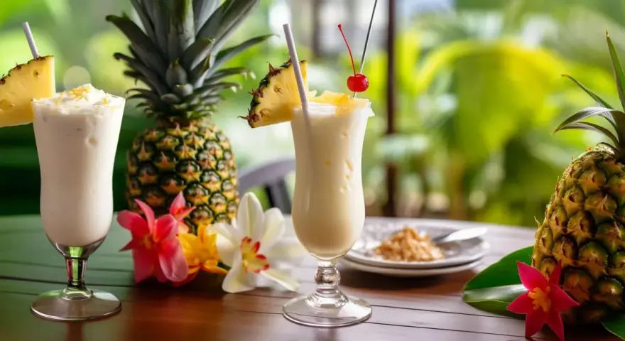 Dwa orzeźwiające drinki, które idealnie oddają, co to jest pina colada: kremowe, z ananasem i wisienką, otoczone świeżymi owocami i kwiatami.