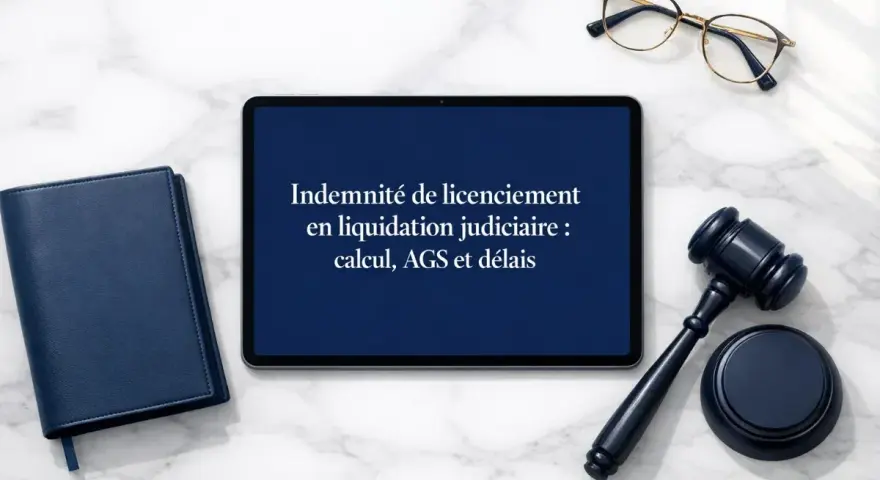 Tablette affichant "Indemnité de licenciement en liquidation judiciaire : calcul, AGS et délais", à côté d'un carnet bleu et d'un maillet de juge.