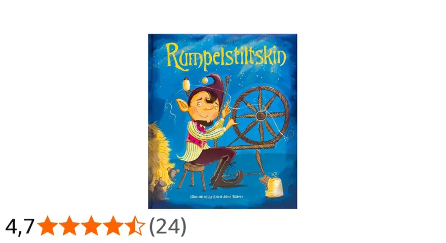 Okładka książki "Rumpelstiltskin" z wesołym skrzatem przędącym na kołowrotku.