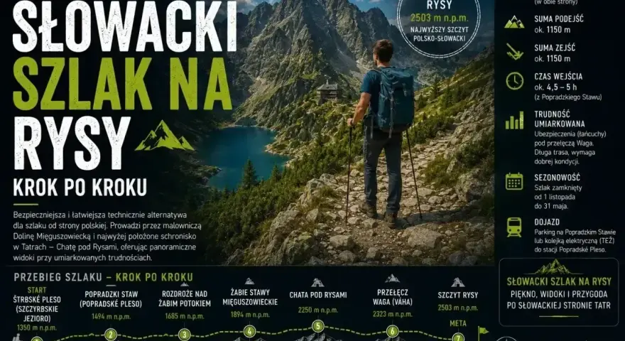 Słowacki szlak na Rysy: przewodnik krok po kroku. Widok na góry, jezioro i turystę. Informacje o trasie, trudności, czasach.