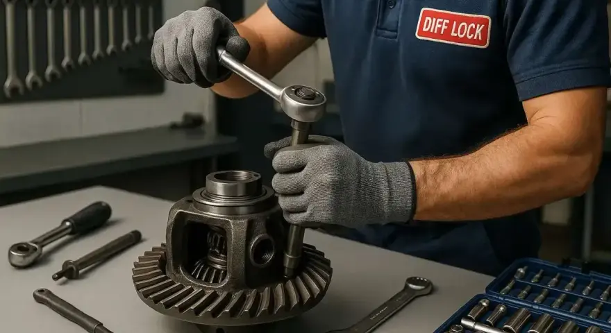 Mechanik w rękawiczkach dokręca śrubę w dyfrze. Na stole narzędzia i skrzynka z nasadkami.