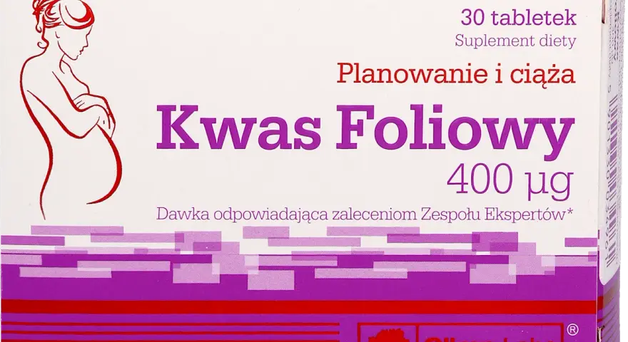 Opakowanie suplementu diety Kwas Foliowy 400 µg, zalecanego do planowania i ciąży. Wskazuje ile kwasu foliowego w ciąży jest potrzebne.