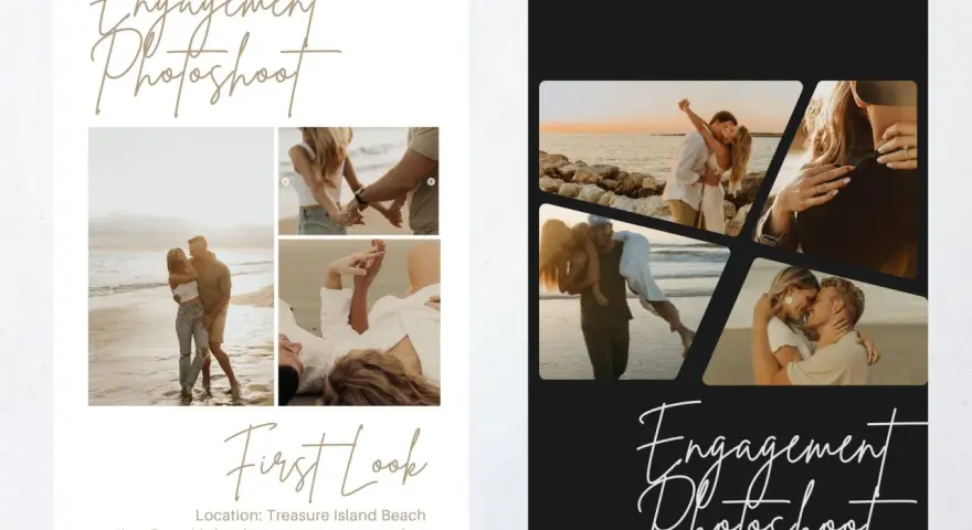 Moodboard z romantycznymi zdjęciami pary na plaży. Ujęcia obejmują pocałunki, trzymanie się za ręce i czułe momenty.