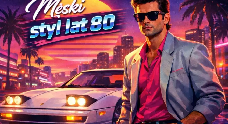 Męski styl lat 80. w neonowym mieście. Mężczyzna w różowej koszuli i marynarce obok sportowego auta.