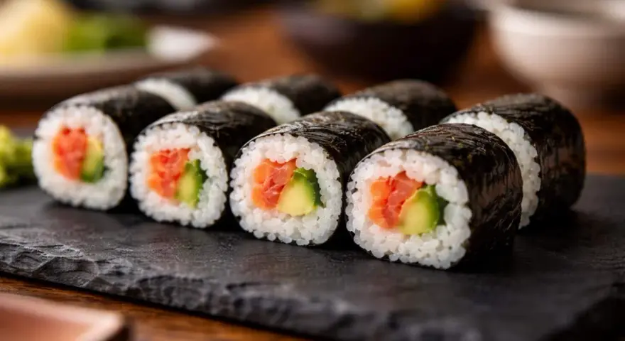 Roladki sushi z łososiem i awokado, zawinięte w nori. Zastanawiasz się, którą stroną nori do sushi? Zawsze błyszczącą na zewnątrz!