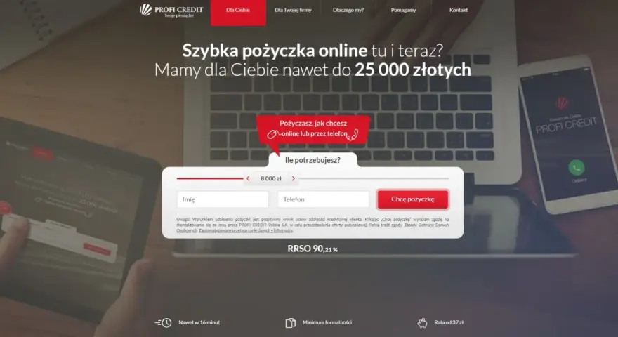 Profi Credit windykacja oferuje szybkie pożyczki online do 25 000 zł. Wypełnij formularz, by otrzymać gotówkę.