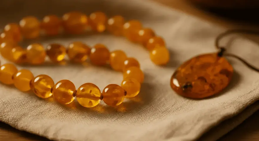 Collar y colgante de ámbar sobre tela. Aprende como limpiar el ámbar para mantener su brillo natural.
