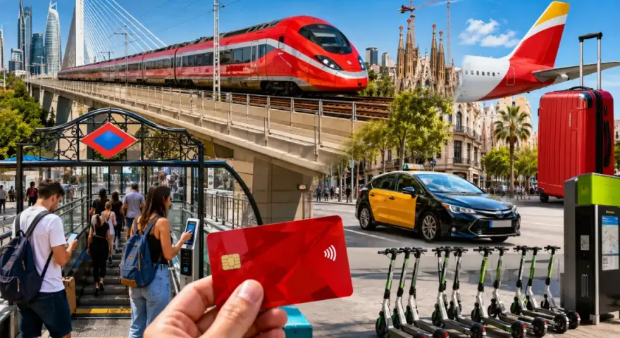 Vielfalt des Reisens in Spanien: Zug, Flugzeug, Taxi, E-Scooter und Metro. Mit einer Kreditkarte alles einfach bezahlen.